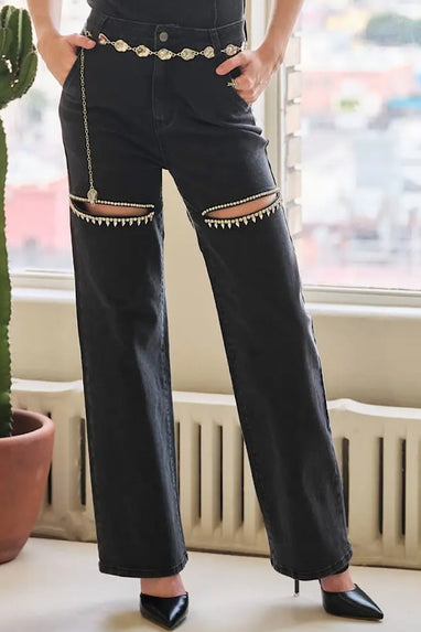 Hold ‘Em Rhinestone Cut-Out Jeans Black