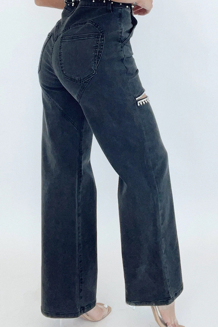 Hold ‘Em Rhinestone Cut-Out Jeans Black