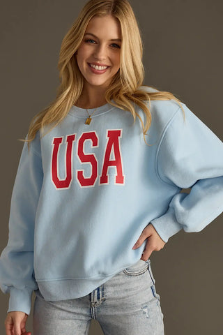 USA Graphic Sweatshirt in Light Blue & Red