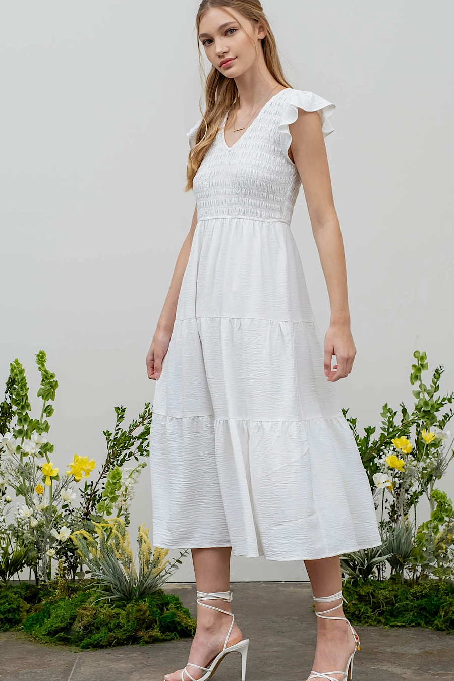 Vici Smocked Midi Dress White