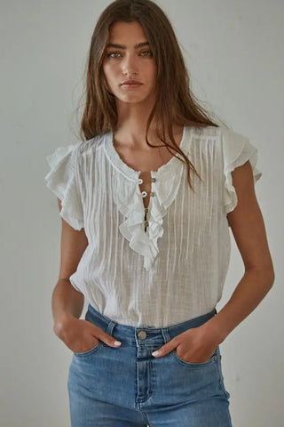 Together Forever Linen Ruffle Top Off White