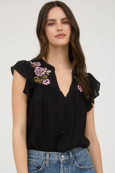 Siesta Floral Embroidered Top Black