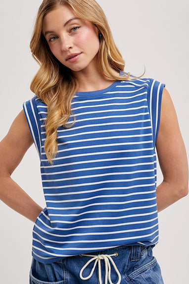 Monrow Striped Muscle Tee Top in Denim Blue