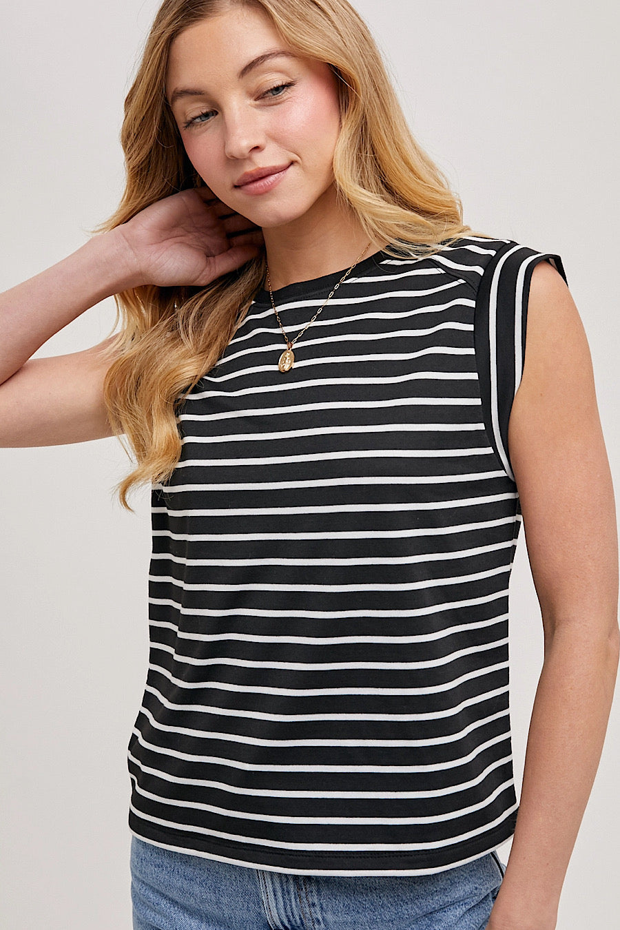 Monrow Striped Muscle Tee Top in Black