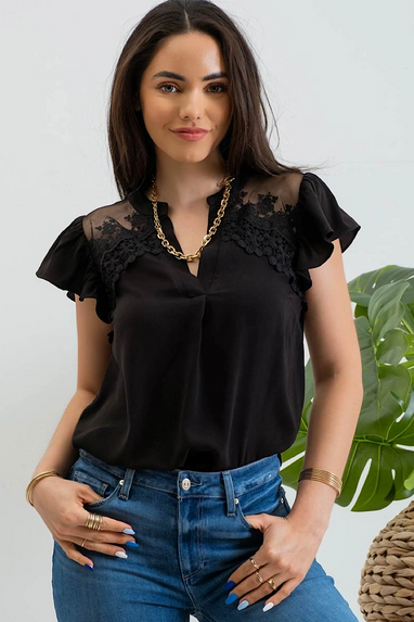 Ever So Sweet Lace Trim Blouse Black