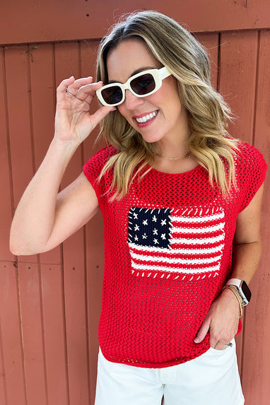 American Flag Crochet Knit Top Red