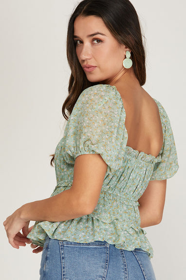 Island Sway Print Smocked Top Sage