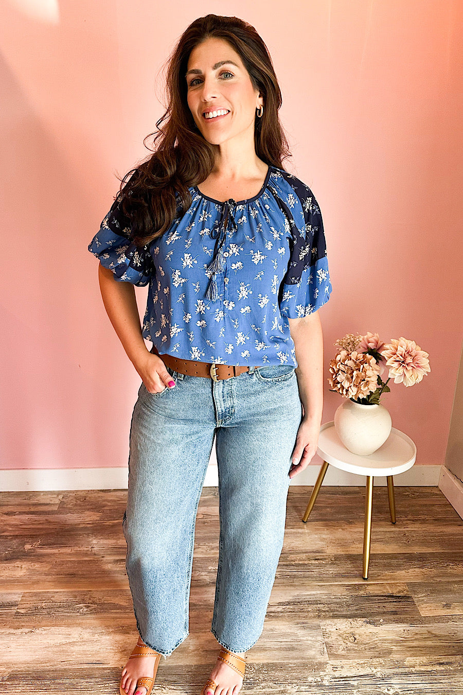 Coastal Floral Tassel Tie Neck Blouse