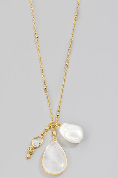 Pearl Teardrop Stone Long Necklace