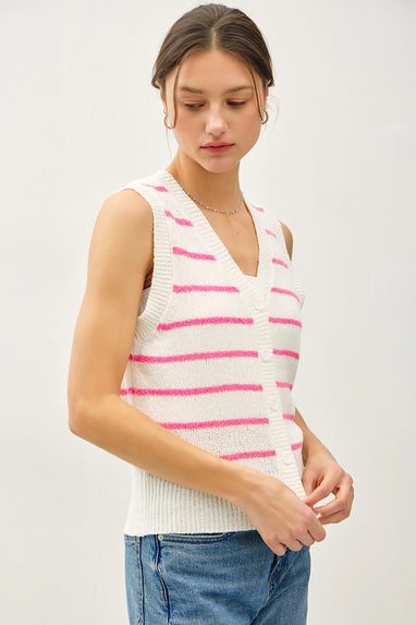 Sunspun Striped Sleeveless Knit Top Pink