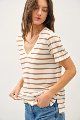 Toffee Striped V-Neck Linen T-Shirt
