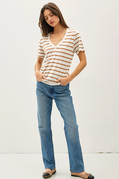 Toffee Striped V-Neck Linen T-Shirt