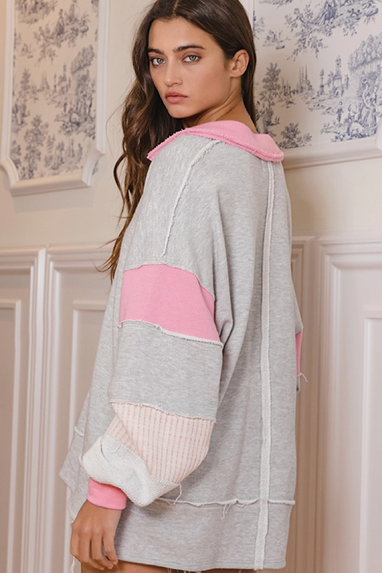 Cozy Oversized Collared Terry Top Pink Grey