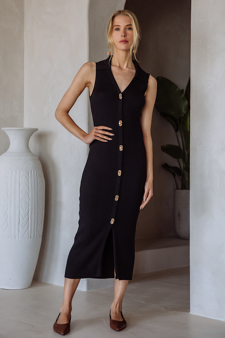 Date with Destiny Gold Toggle Button Midi Dress Black