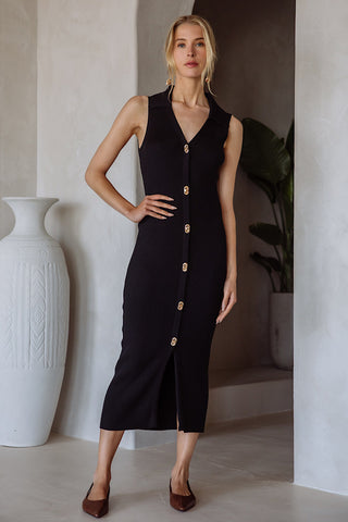 Date with Destiny Gold Toggle Button Midi Dress Black