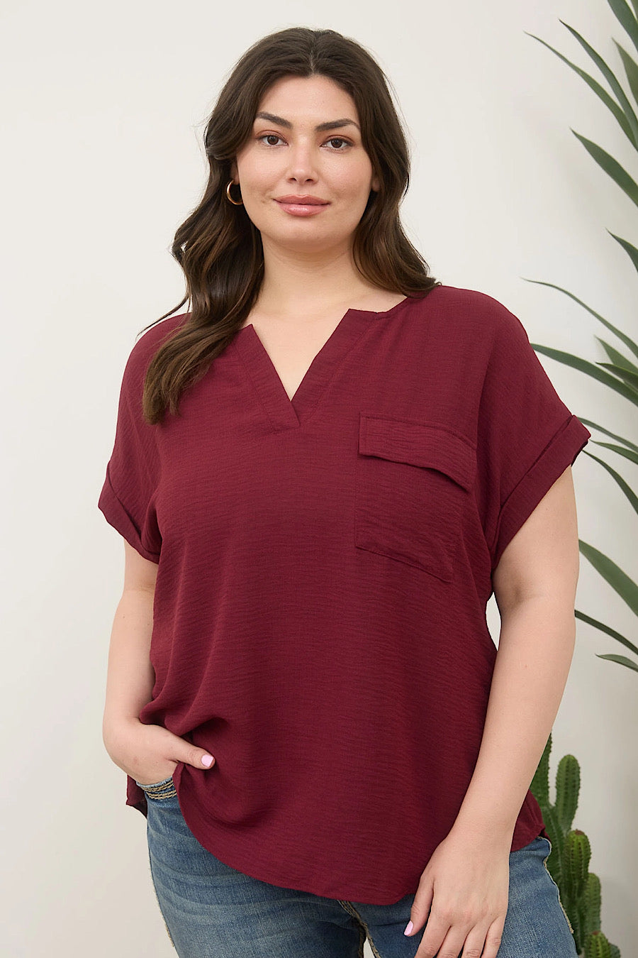 Curvy Take Solace Button Back Blouse Bordeaux