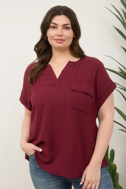 Curvy Take Solace Button Back Blouse Bordeaux