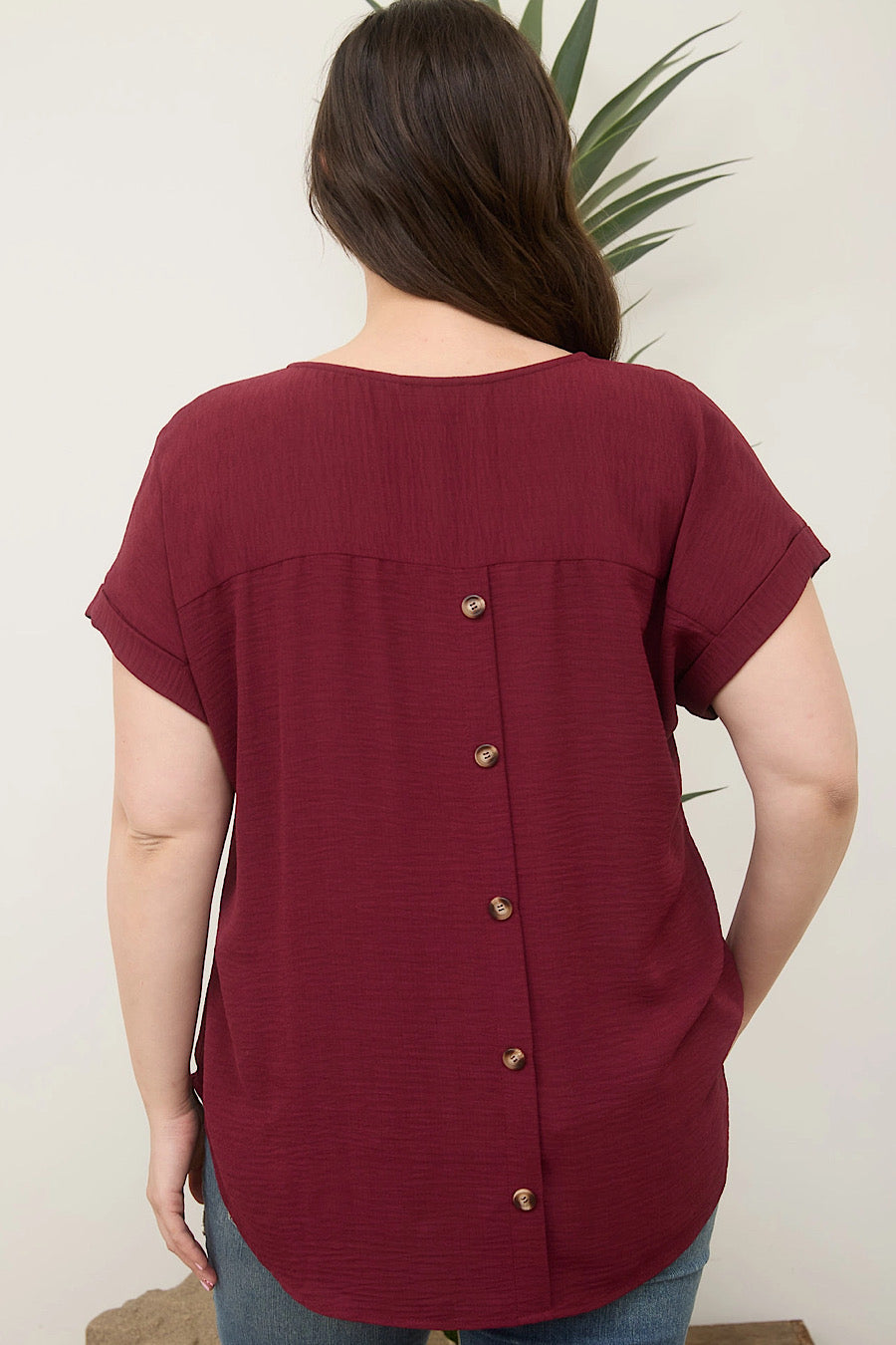 Curvy Take Solace Button Back Blouse Bordeaux