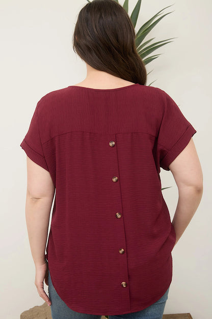 Curvy Take Solace Button Back Blouse Bordeaux