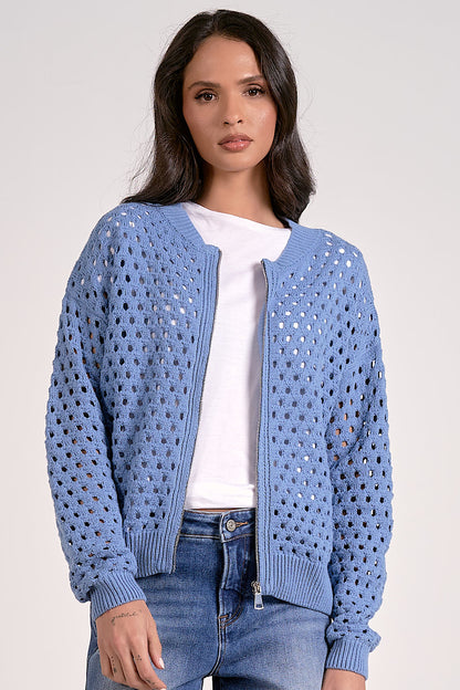 This Way Crochet Knit Zip Up Jacket/Cardigan Blue