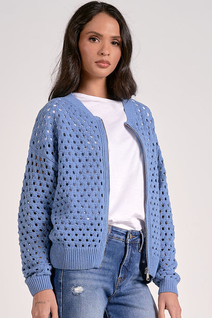 This Way Crochet Knit Zip Up Jacket/Cardigan Blue