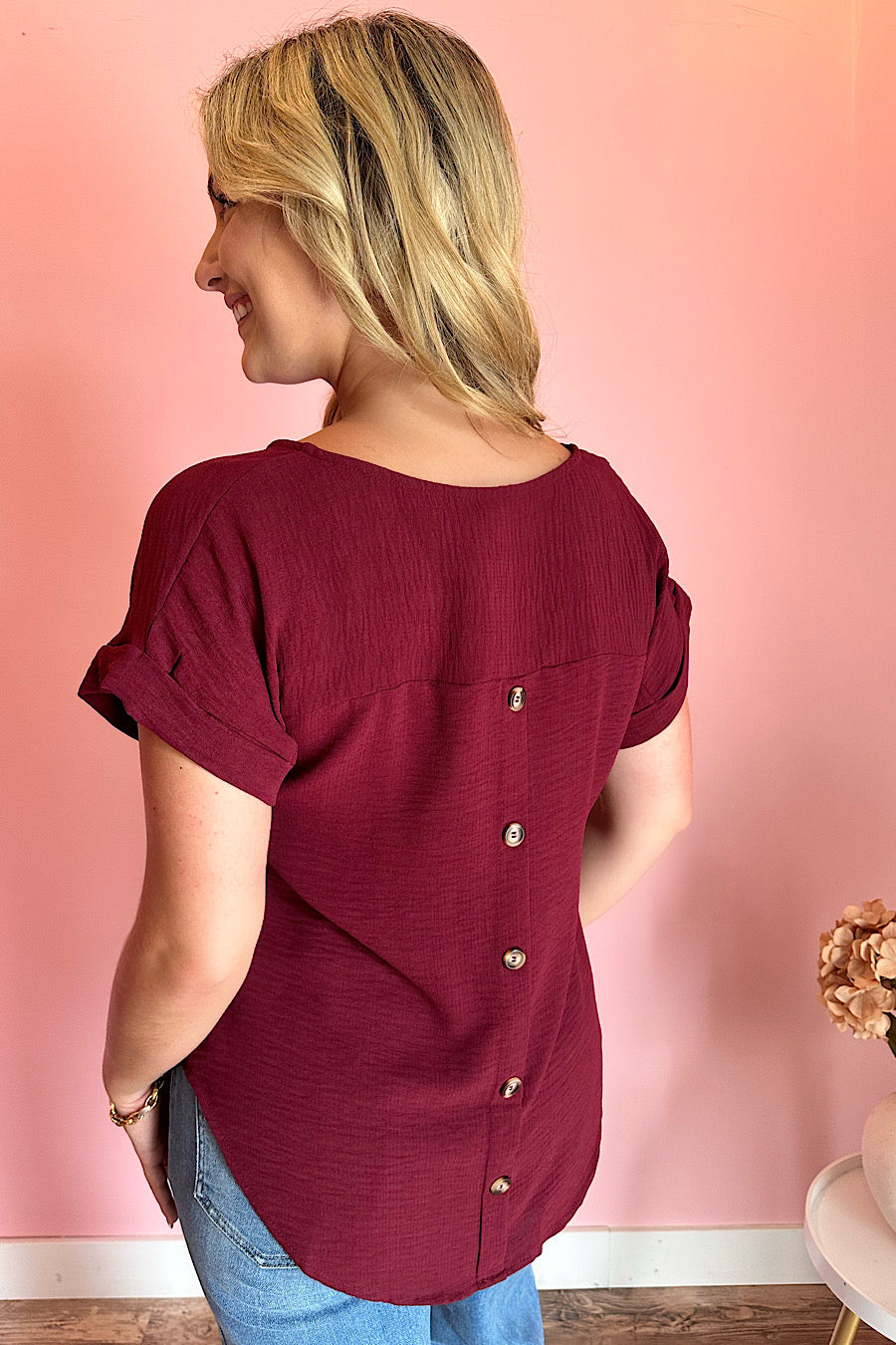 Take Solace Button Back Blouse Bordeaux