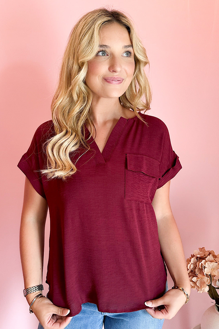 Take Solace Button Back Blouse Bordeaux