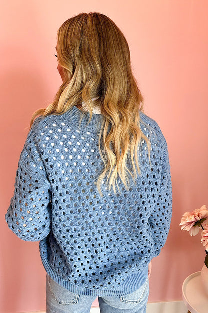 This Way Crochet Knit Zip Up Jacket/Cardigan Blue