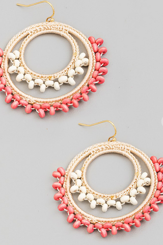 Coral Beaded Dbl Circle Earrings