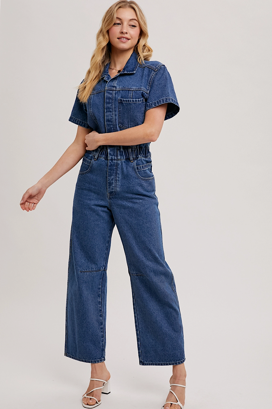 Denim short sleeve jumpsuit sales