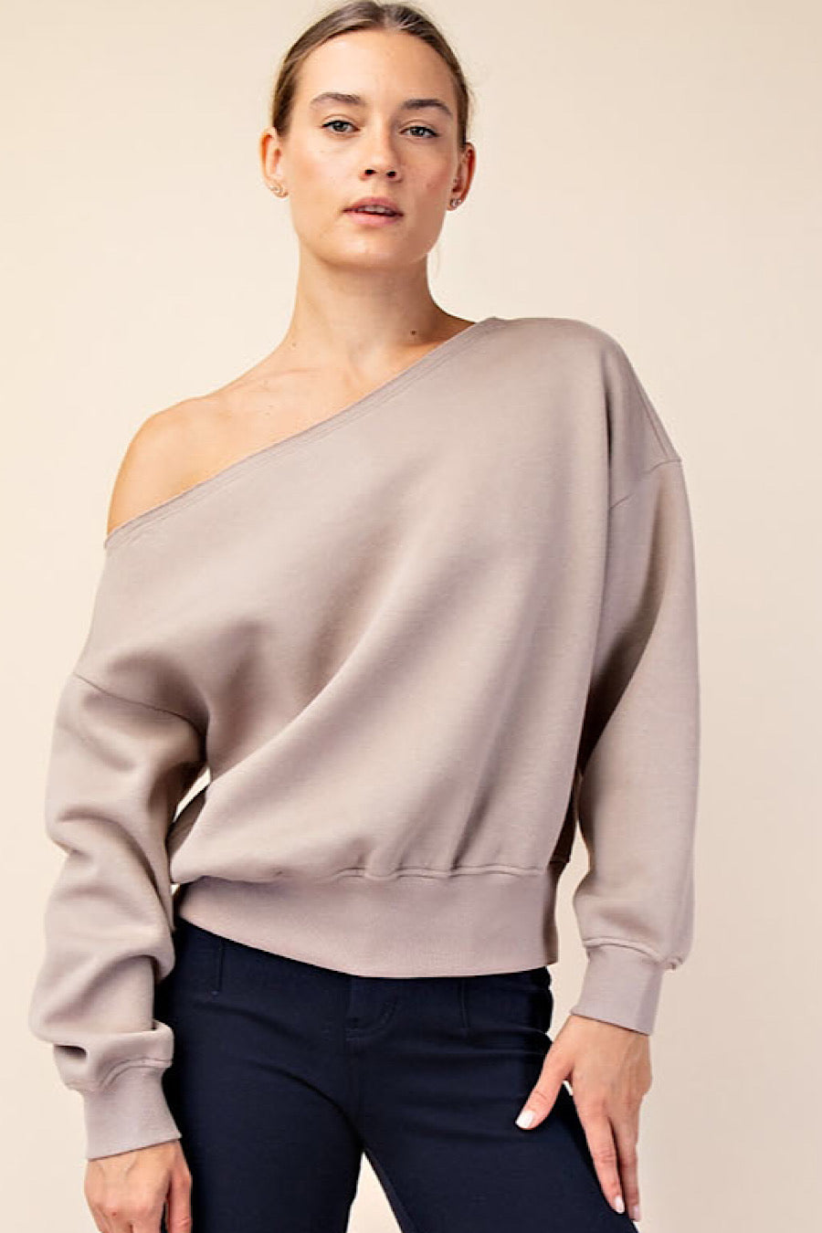 Dancing Alone Off Shoulder Sweatshirt Taupe