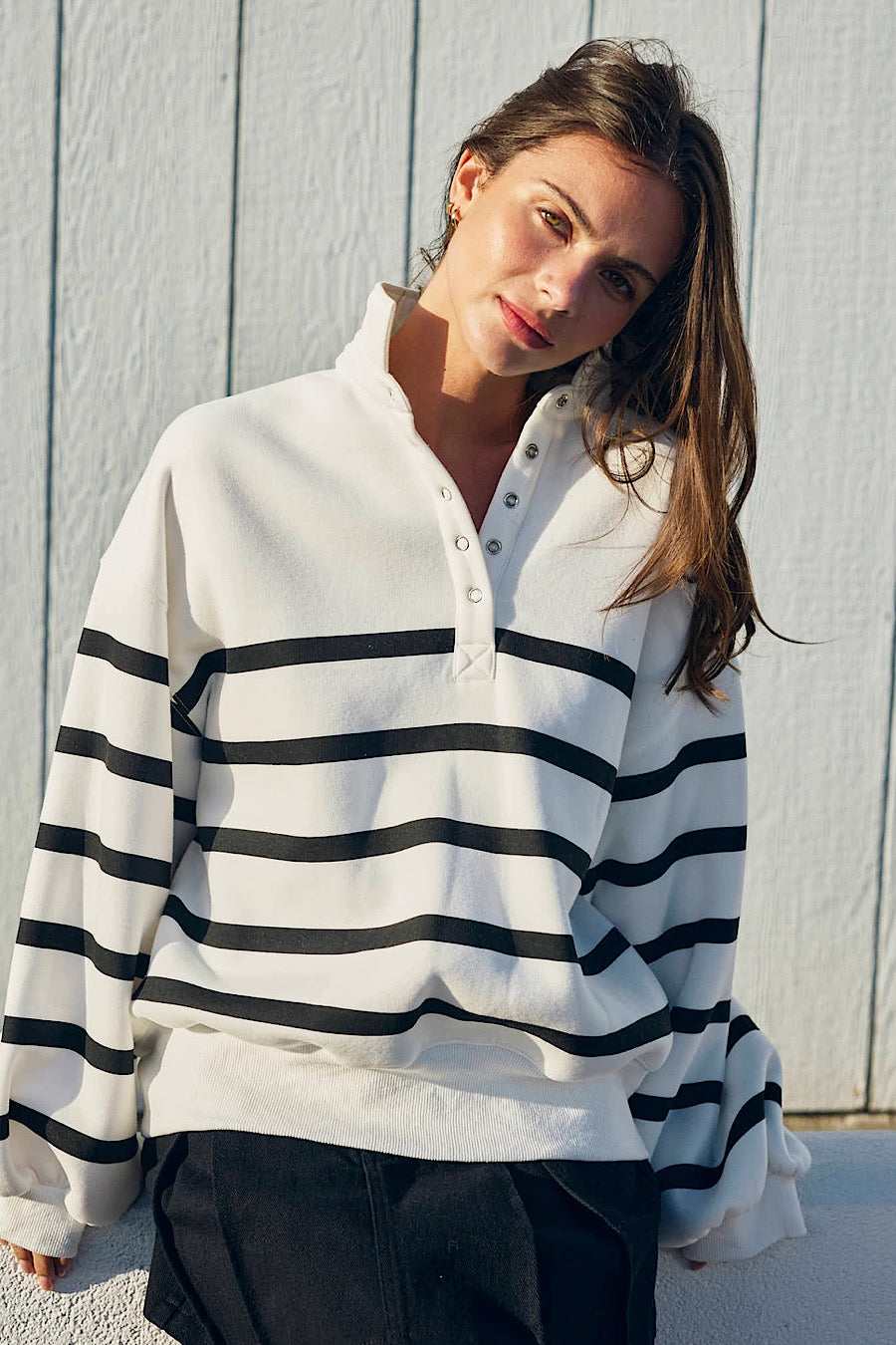 Alison Striped Snap Collar Pullover Sweatshirt