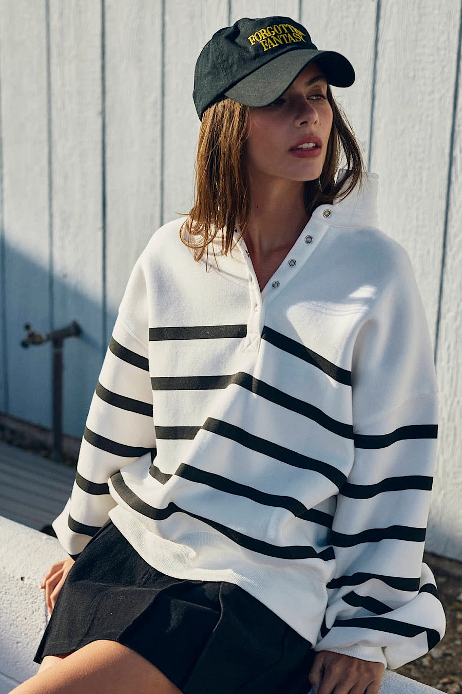 Alison Striped Snap Collar Pullover Sweatshirt