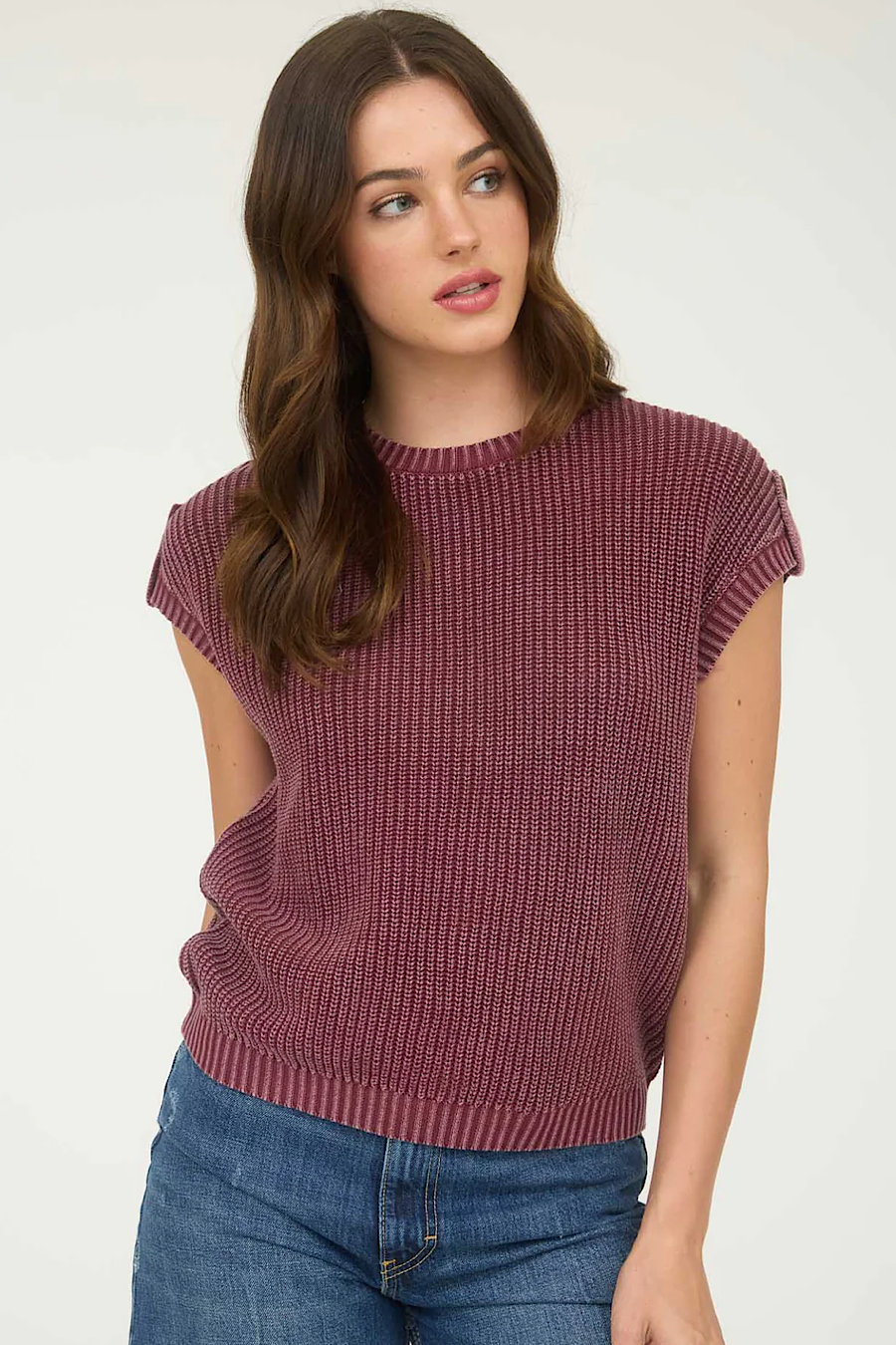 Wine &amp; Dash Button Back Short Sleeve Sweater