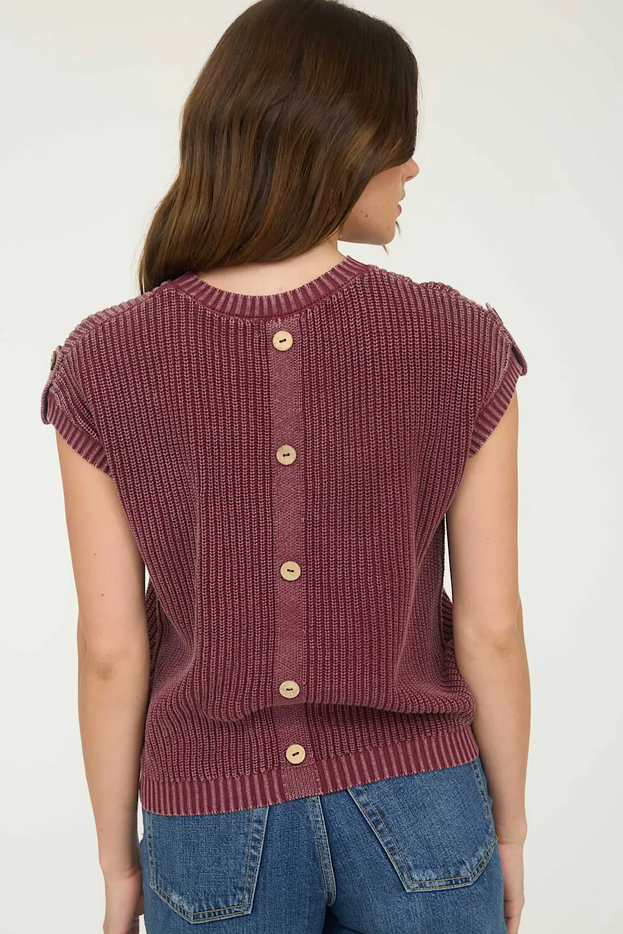 Wine &amp; Dash Button Back Short Sleeve Sweater