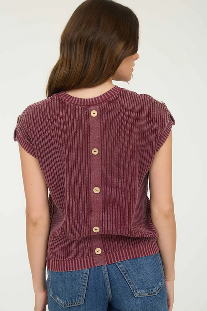 Wine &amp; Dash Button Back Short Sleeve Sweater