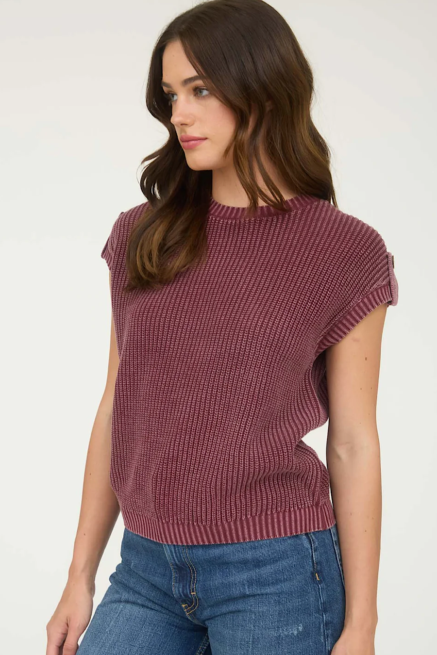 Wine &amp; Dash Button Back Short Sleeve Sweater