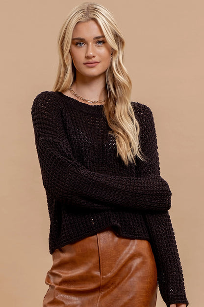 Maui Crochet Knitted Long Sleeve Top in Black