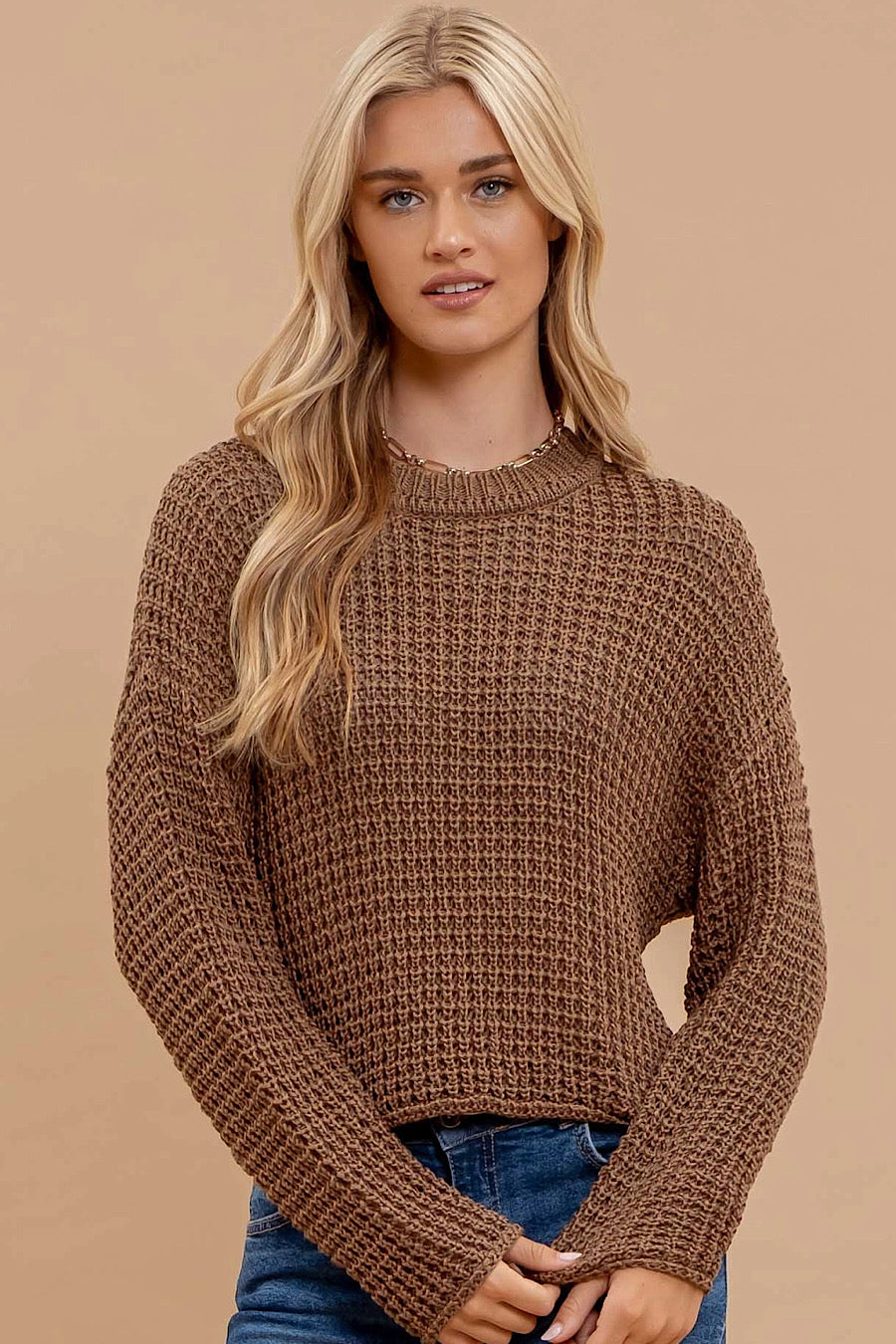 Maui Crochet Knitted Long Sleeve Top in Mocha