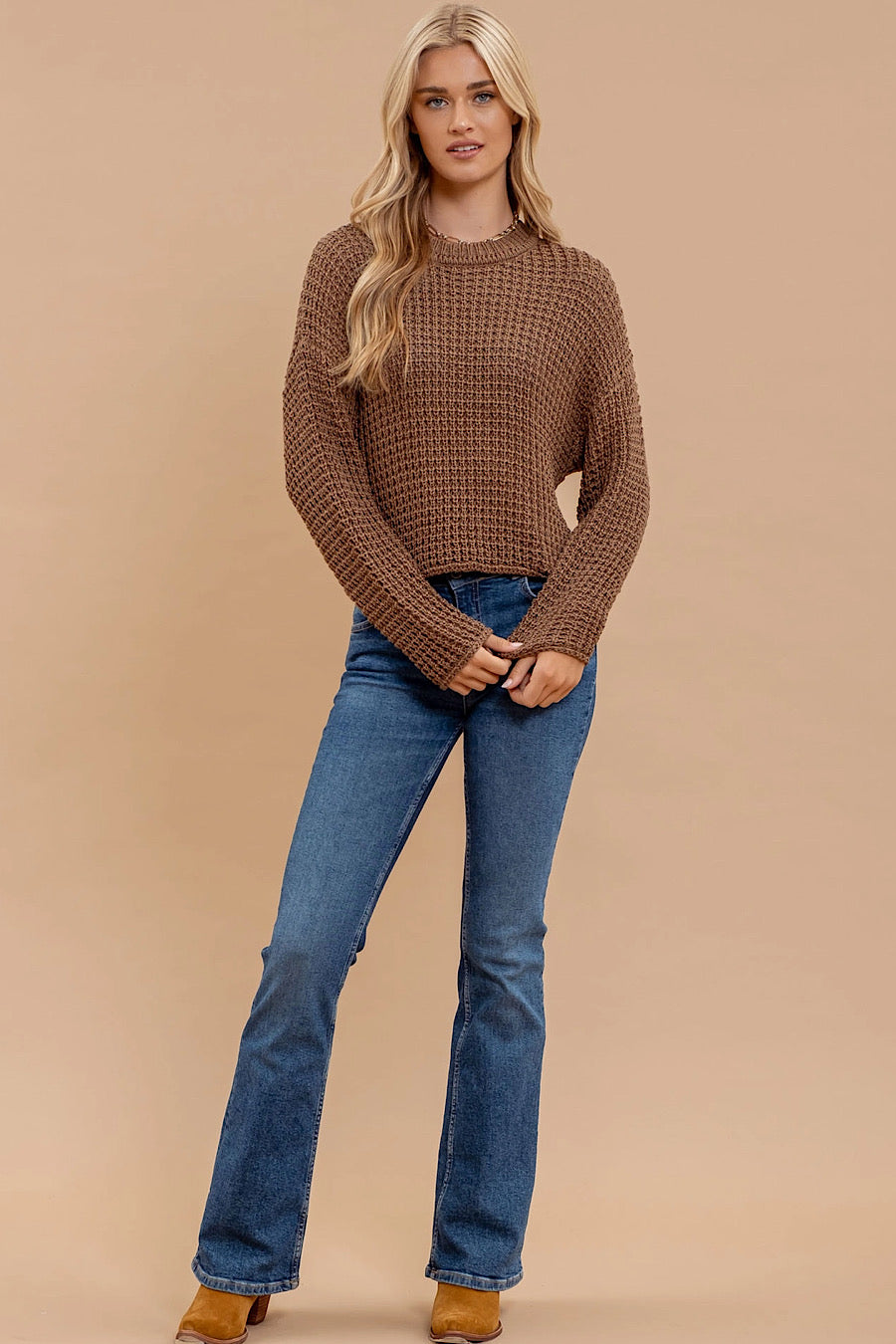 Maui Crochet Knitted Long Sleeve Top in Mocha