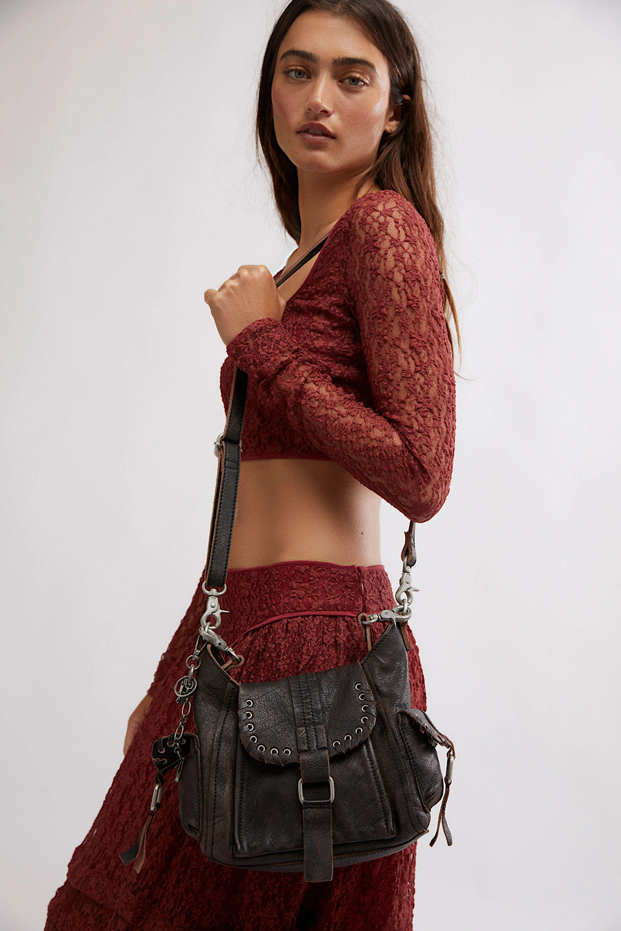 Free People Baby Leigh Distressed Leather Bag Graphite