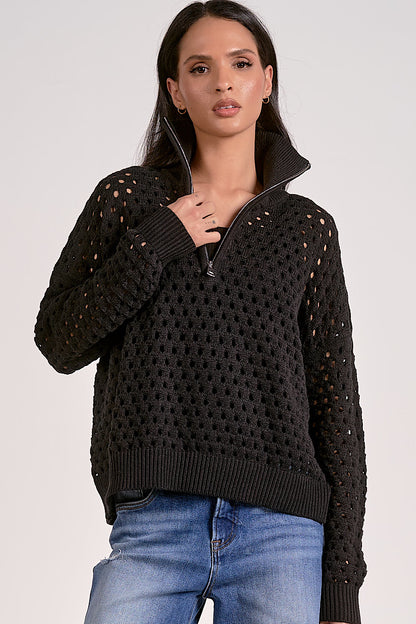 Ordinary Dreamer Zip Collar Knit Top Black