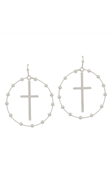 Beaded Hoop w/Cross Earrings in Gold or Silver