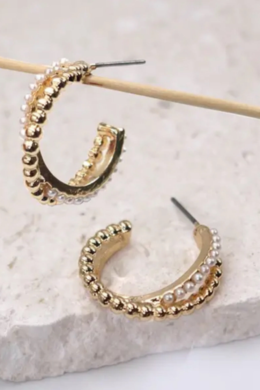 Twisted Pearl &amp; Gold Beaded Hoop Earrings