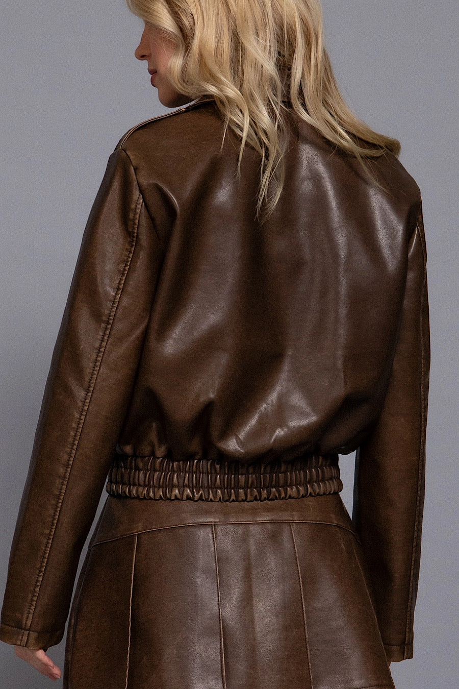 Marston Hazelnut Faux Leather Bomber Jacket