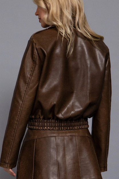 Marston Hazelnut Faux Leather Bomber Jacket