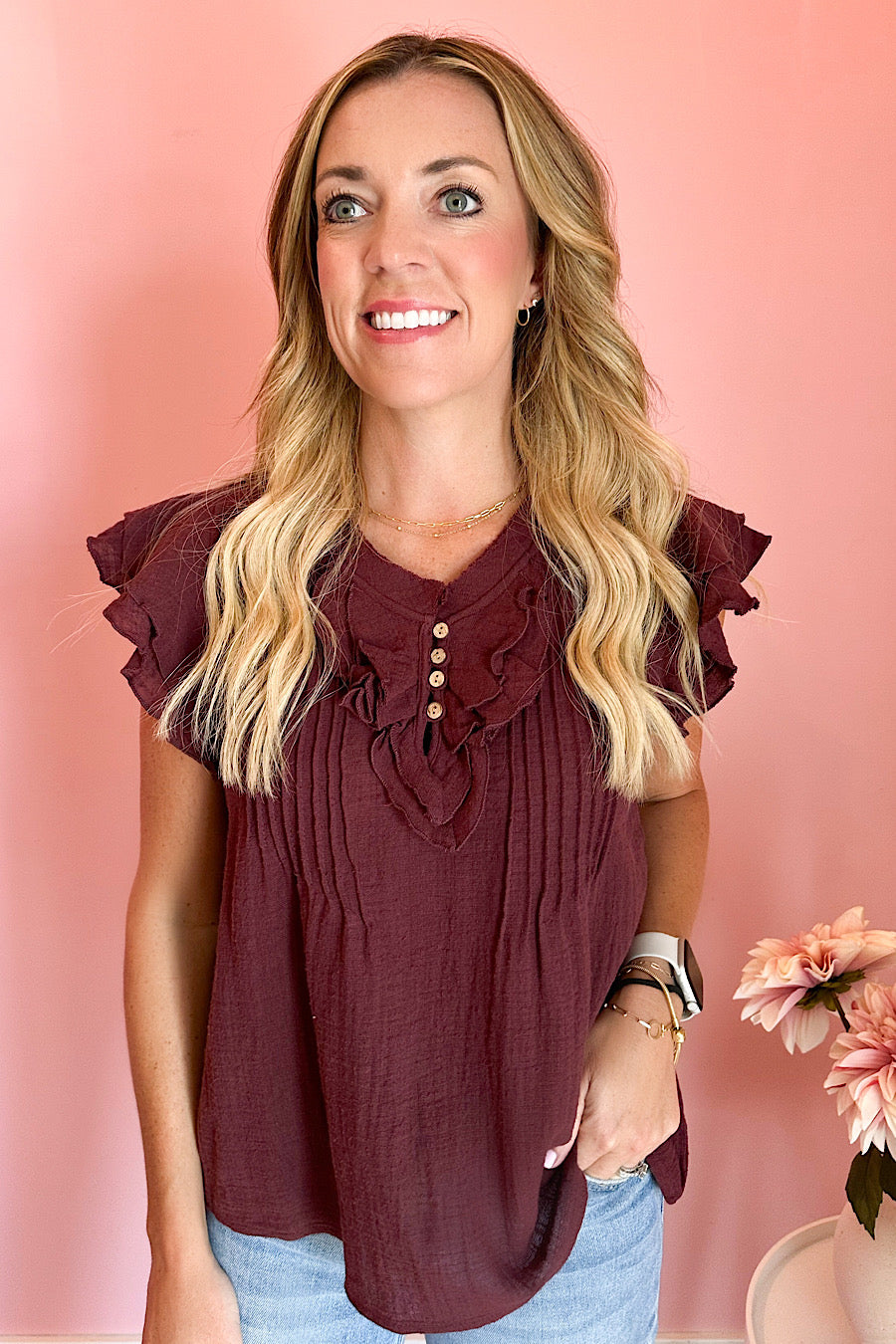 Together Forever Linen Ruffle Top Wine