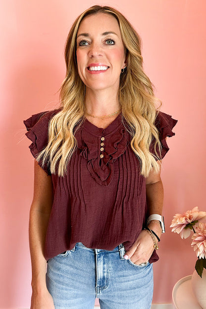 Together Forever Linen Ruffle Top Wine