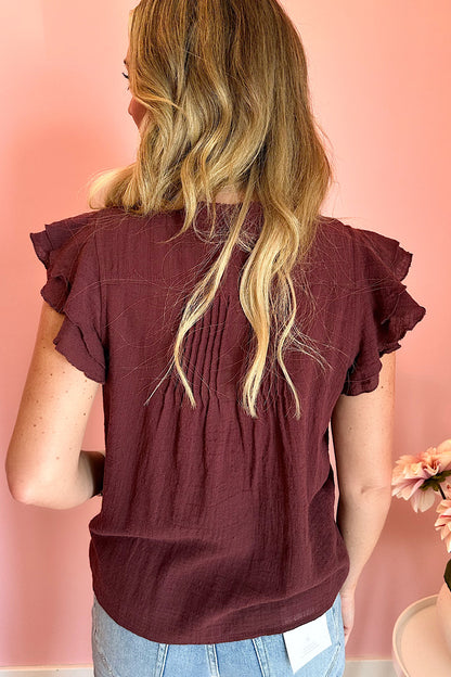 Together Forever Linen Ruffle Top Wine