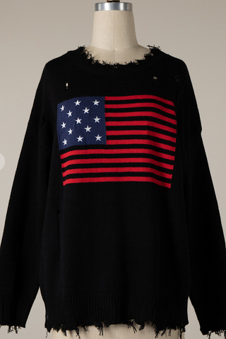American Flag Distressed Sweater Black